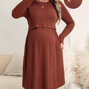 Elegant Brown Ribbed Maternity Dress